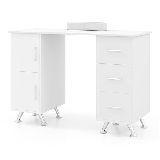 Manicure Table with 8 Metal Legs and Wrist Pad in white with drawers and cupboards