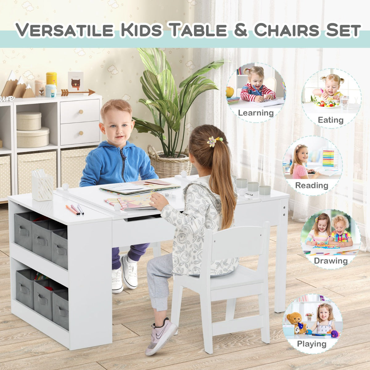 Children using the versatile kids table and chairs set for learning and playing