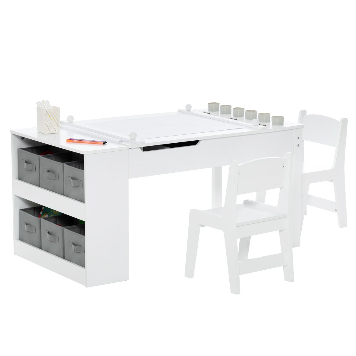 White children's art table set with two chairs and storage bins