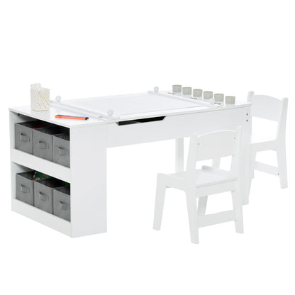 White children's art table set with two chairs and storage bins