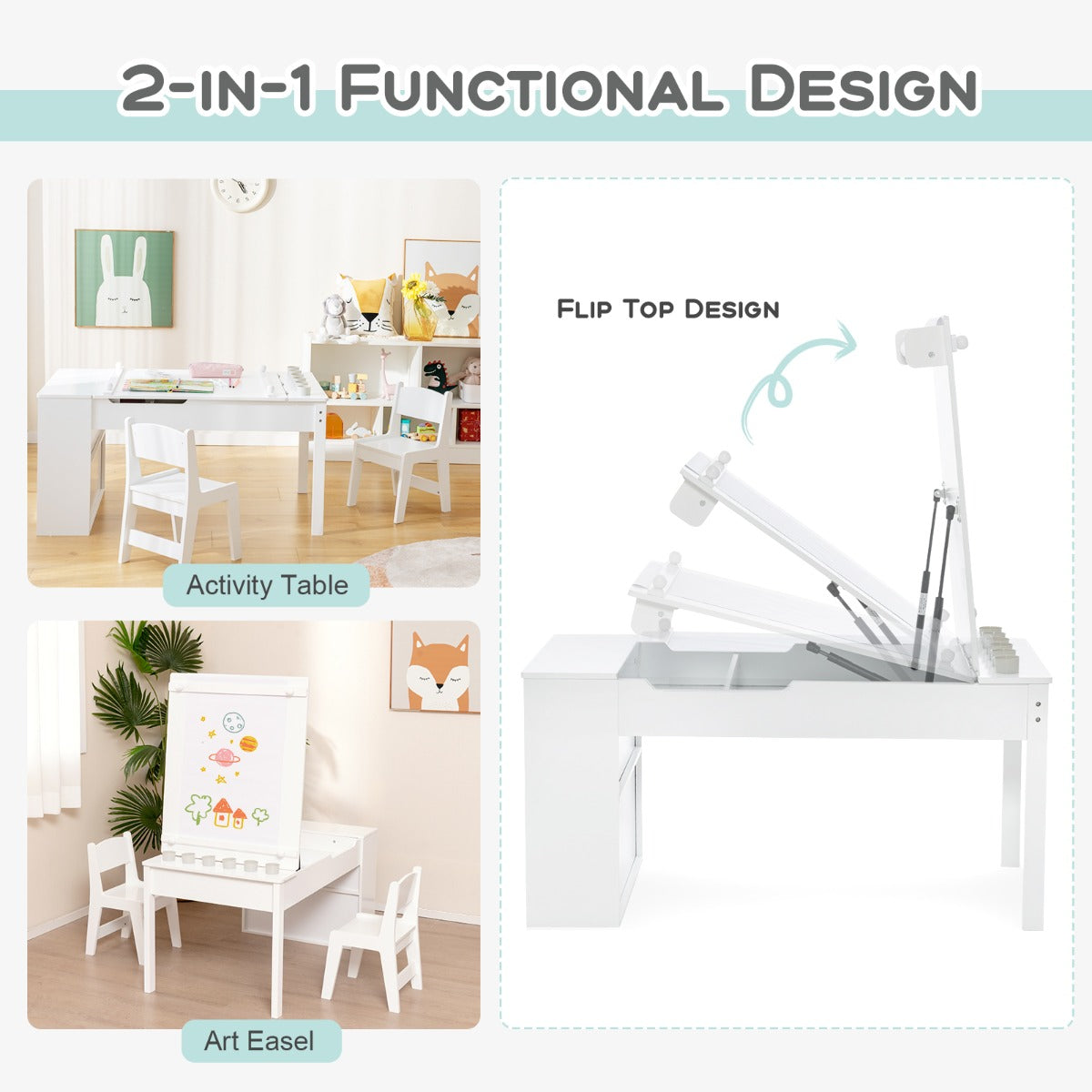 2-in-1 functional design of the children's art table set showing activity table and art easel