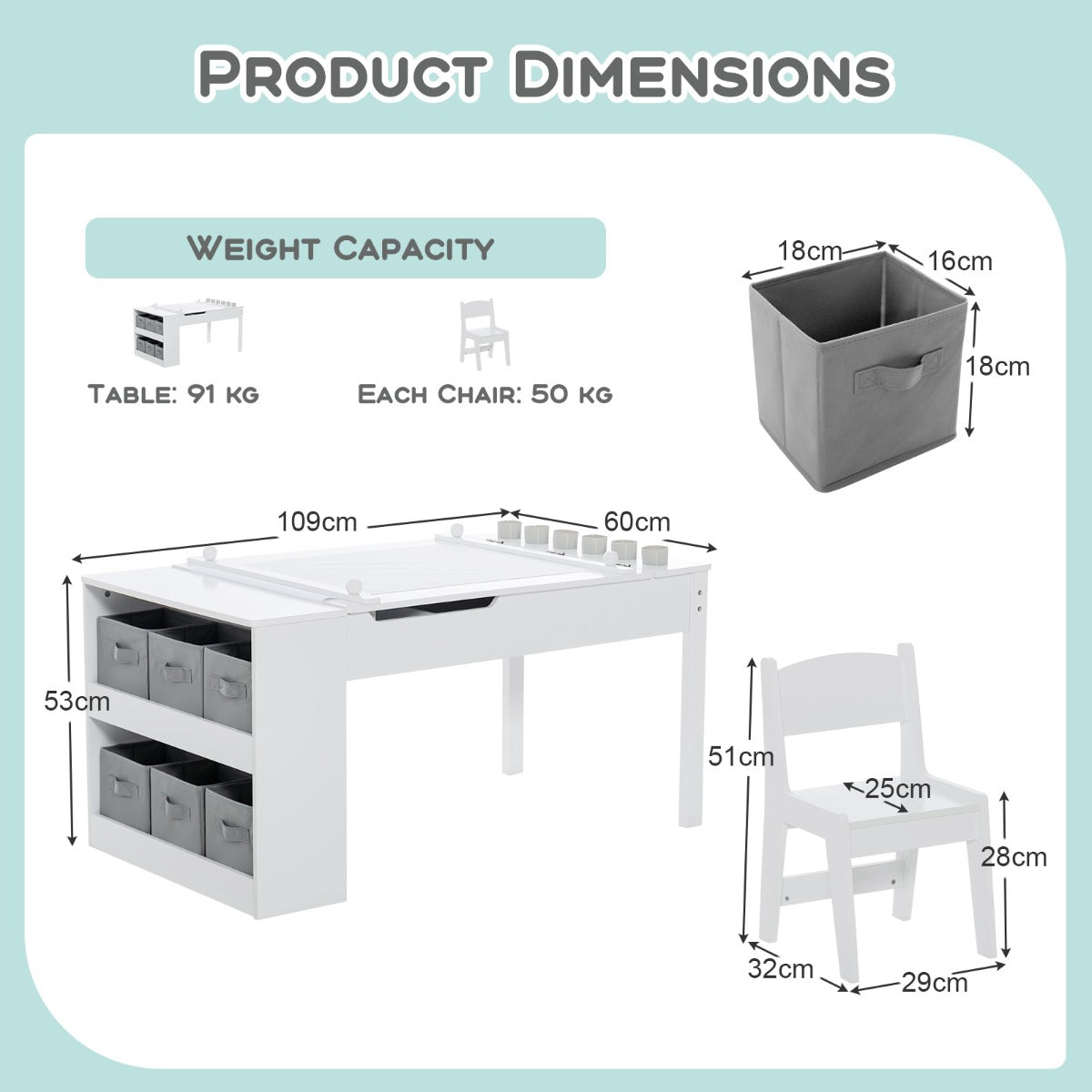 Product dimensions diagram for the children's art table and chairs set