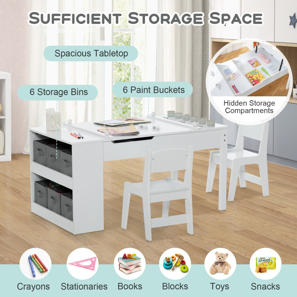 Storage space features of the children's art table and chairs set