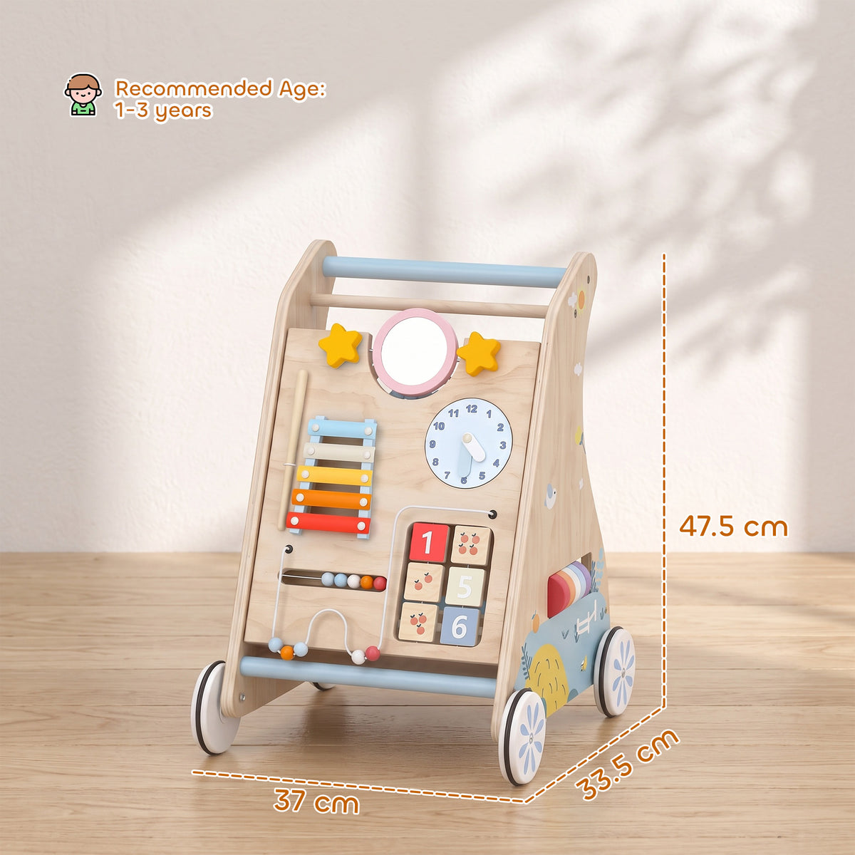 AIYAPLAY Wooden Baby Walker with Detachable Double-Sided Activity Board in a Natural Wood Finish