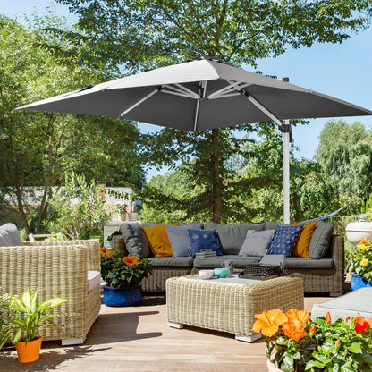 Outsunny 3 x 3(m) Cantilever Roma Parasol, Square Garden Umbrella with Cross Base, Crank Handle, Tilt, 360 Rotation and Aluminium Frame, Grey