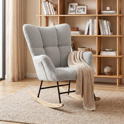 HOMCOM Rocking Chair, Teddy Fleece Rocker Chair with Tufted Wingback, Side Pockets, Rubber Wood Legs, Light Grey