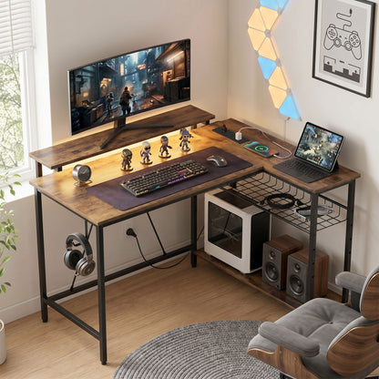 HOMCOM Reversible 'L' LED Light Gaming/Work Desk - Rustic Brown