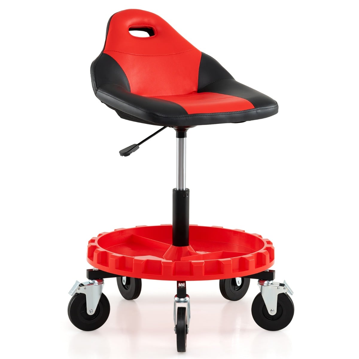 Mechanic Stool on Wheels with 71-83 cm Adjustable Height and Tool Tray Storage-Black & Red