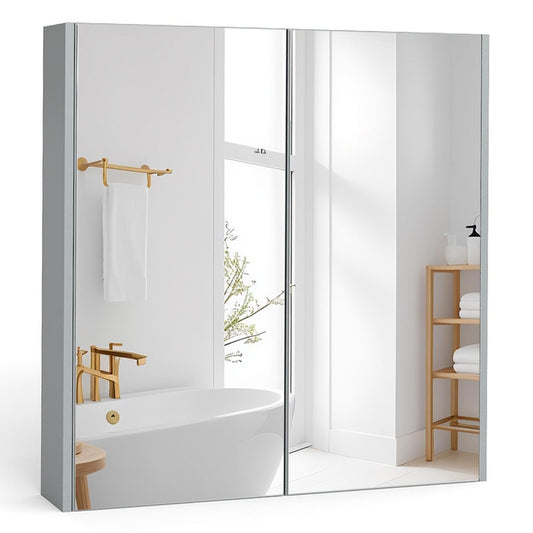 Medicine Cabinet with Mirror and Double Mirrored Doors -Grey, a grey cabinet with two mirrored doors reflecting a bathroom