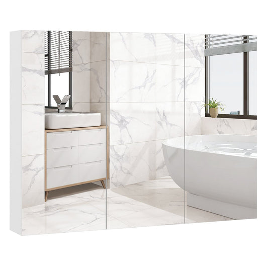 Medicine Cabinet with a frameless mirror front reflecting a modern bathroom with a white bathtub
