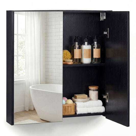 Medicine Cabinet with Mirror Wall Mounted Bathroom Cabinet showing its open doors and interior shelves with toiletries