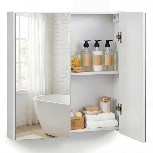 Medicine Cabinet with Mirror Wall Mounted Bathroom Cabinet, white, with doors open showing shelves and toiletries