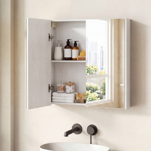 The wall mounted bathroom cabinet, white, with doors open showing shelves and toiletries