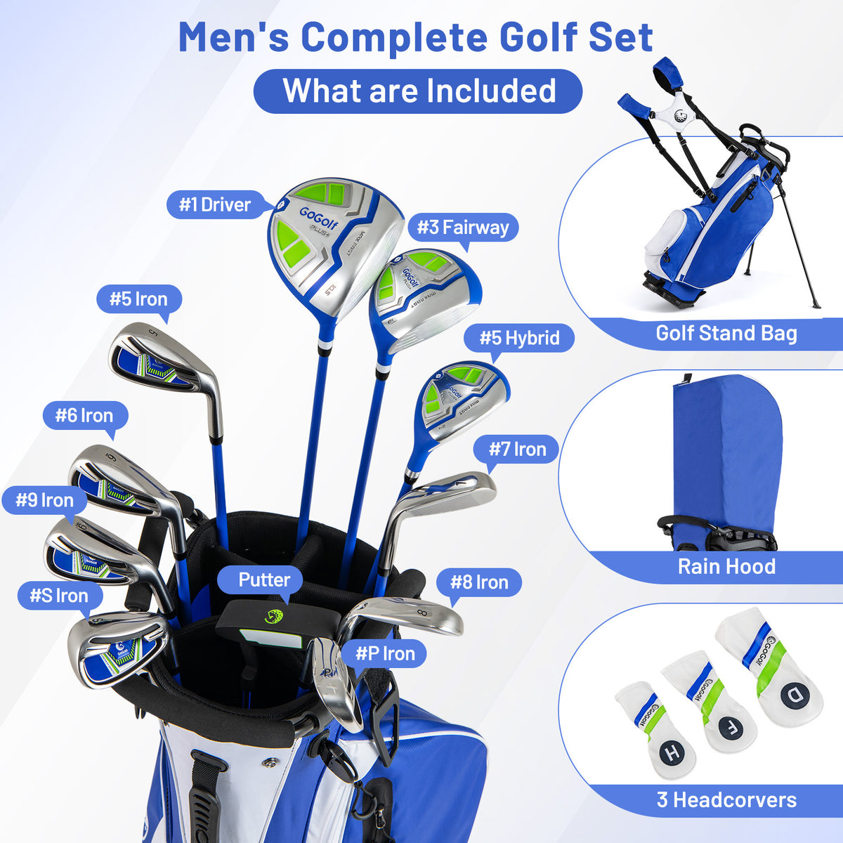 All the golf clubs and the stand bag are laid out with a rain hood and head covers