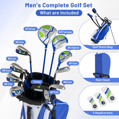 All the golf clubs and the stand bag are laid out with a rain hood and head covers