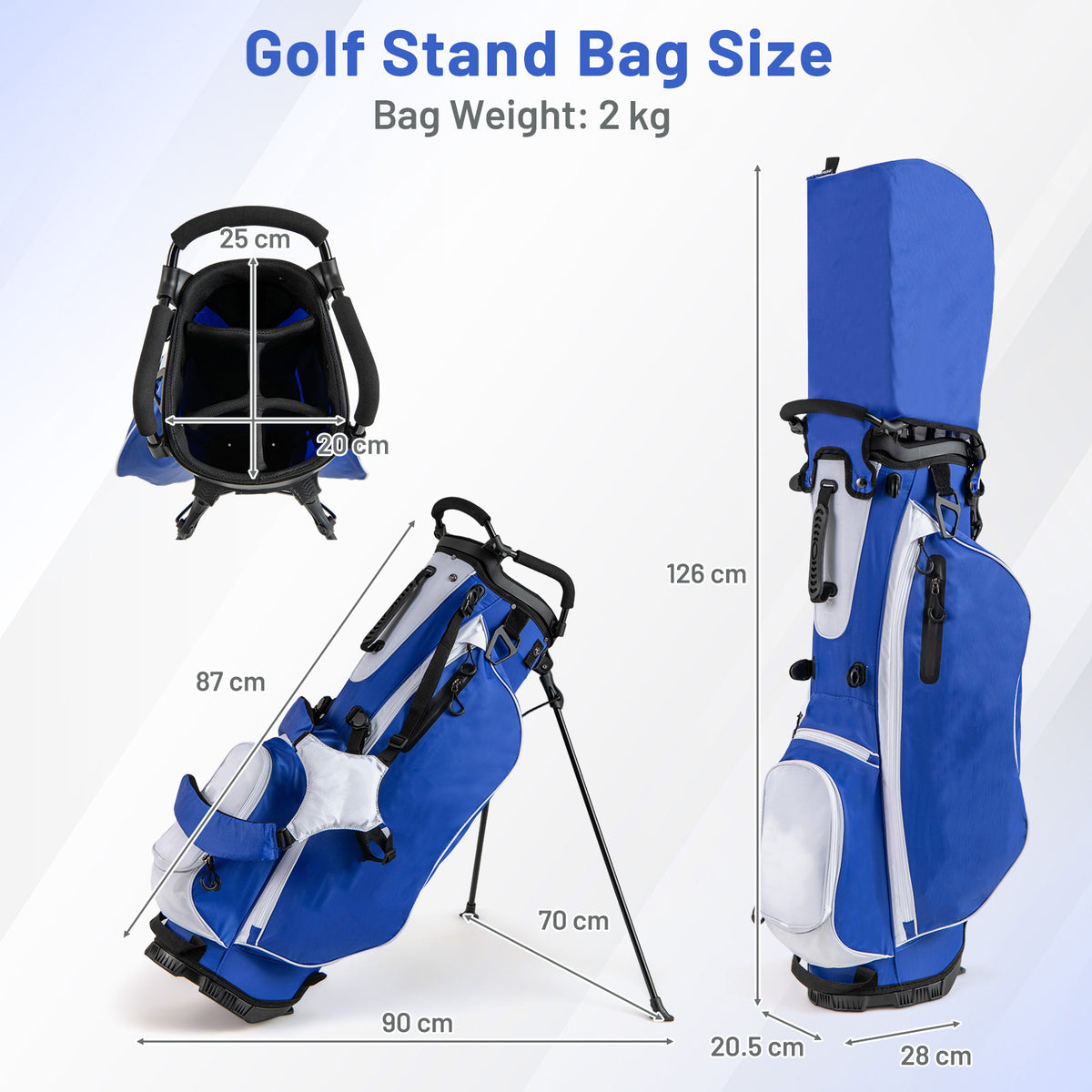 The golf stand bag is blue and white with dimensions shown