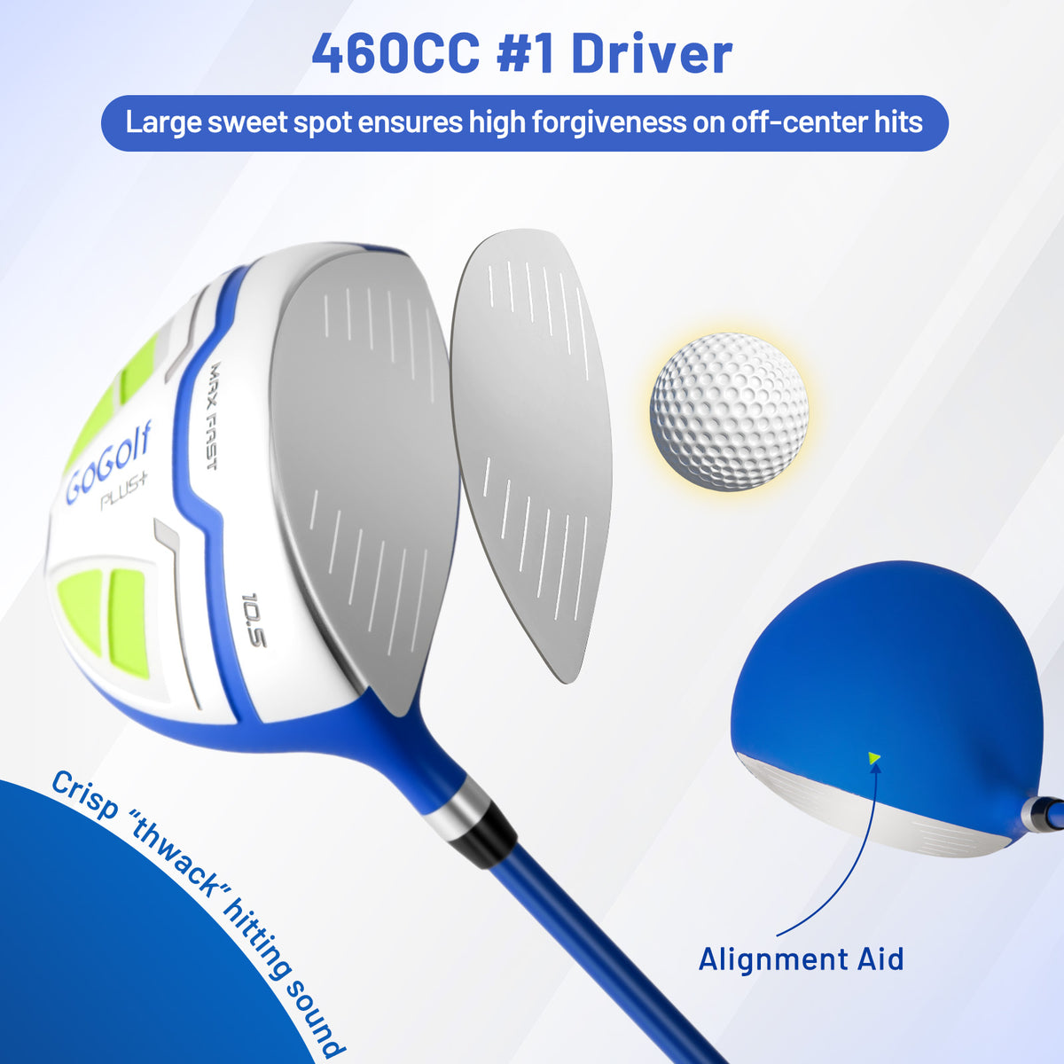 Close up of the driver head for the golf clubs with a golf ball