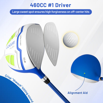 Close up of the driver head for the golf clubs with a golf ball