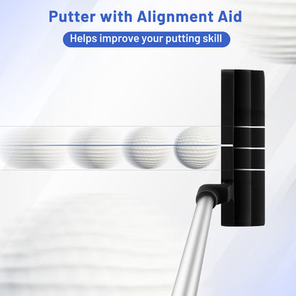 Close up of the putter for the golf clubs with alignment aid