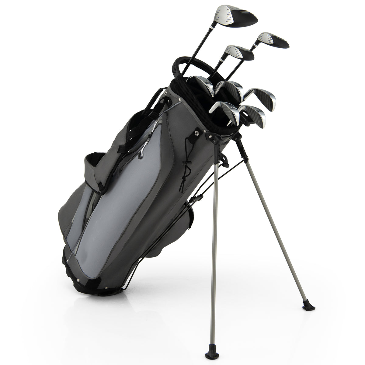Grey golf bag with clubs and stand, angled view