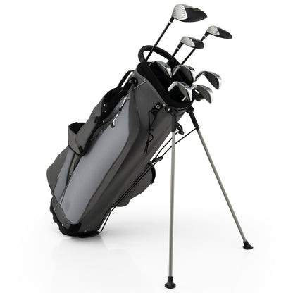 Grey golf bag with clubs and stand, angled view
