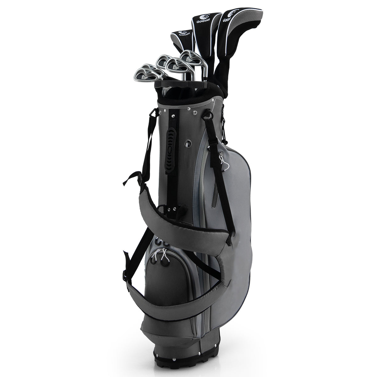 Close-up of the grey golf clubs package set with straps