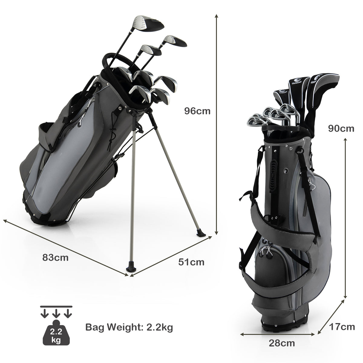 Dimensions and weight of the grey golf clubs package set