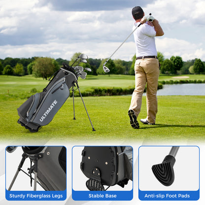 The golf set in use on a course with close-ups of the bag legs, base and foot pads