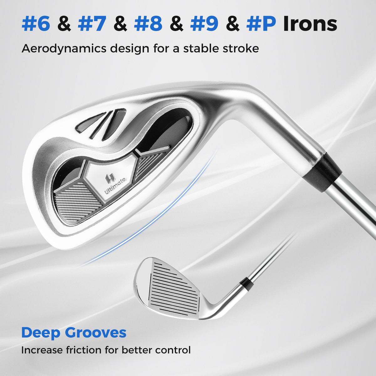 The golf irons featuring deep grooves on the club face for better control and stability