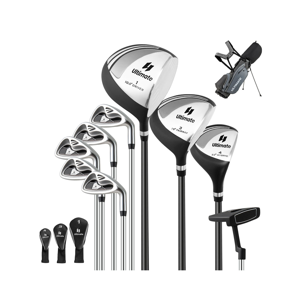Men's Right Handed Complete Golf Clubs Set with a grey bag and various clubs with head covers
