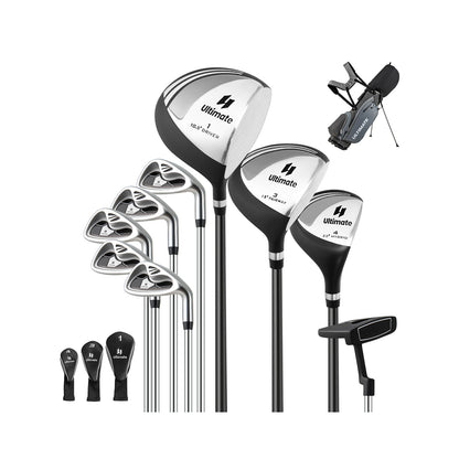 Men's Right Handed Complete Golf Clubs Set with a grey bag and various clubs with head covers