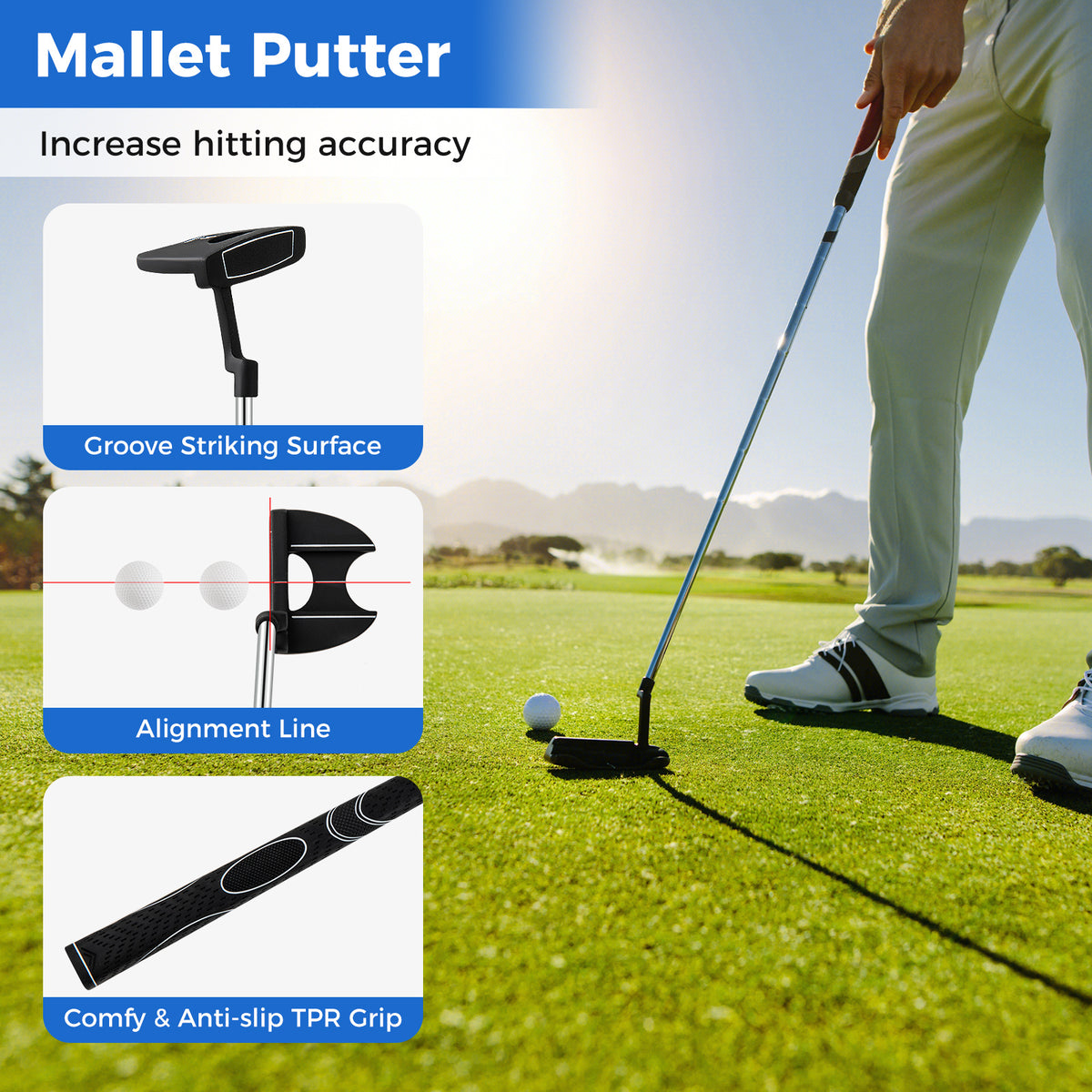 The golf putter shown with close-ups of the alignment line and the textured handle grip