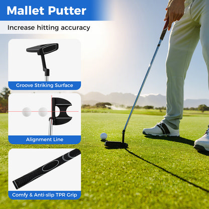 The golf putter shown with close-ups of the alignment line and the textured handle grip