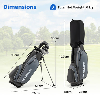 The golf bag shown with various height and width measurements against a light blue background