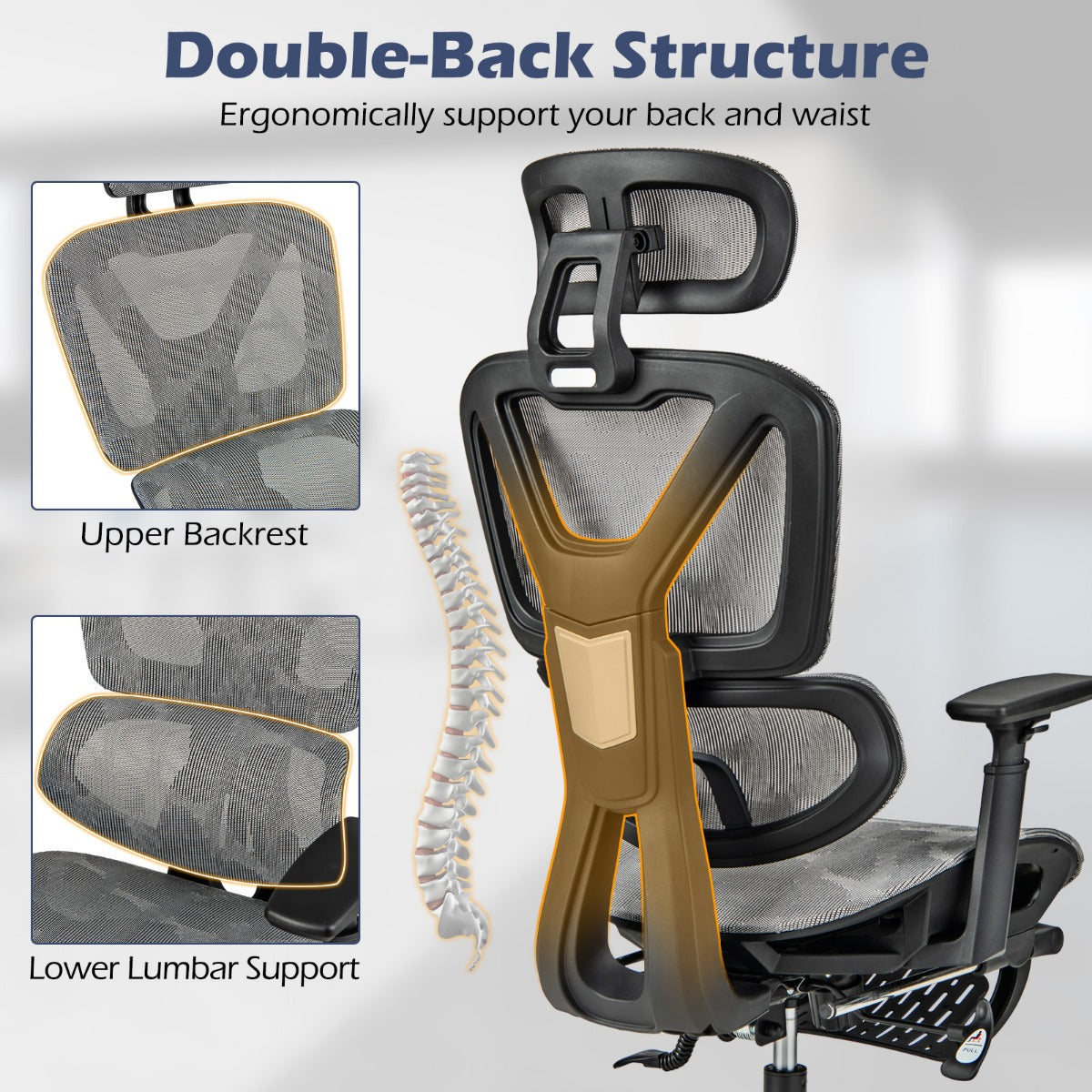 Mesh Office Chair with Retractable Footrest and Waterfall Seat-Grey