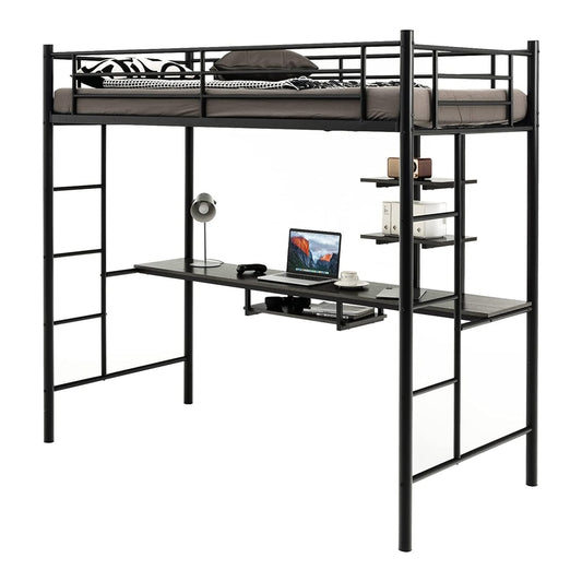 Metal Bunk Bed Frame High Sleeper with desk and storage shelves in black