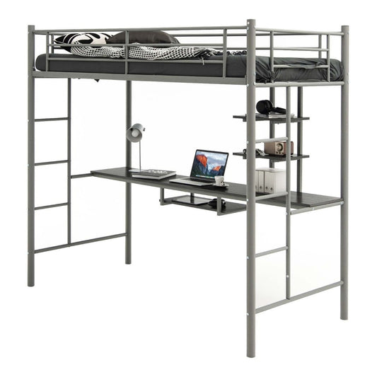 Metal Bunk Bed Frame High Sleeper with desk and storage shelves in silver