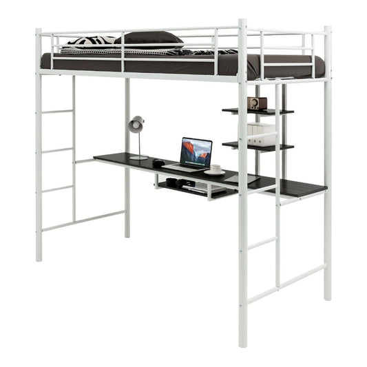 Metal Bunk Bed Frame High Sleeper with a desk and storage shelves underneath on a white background