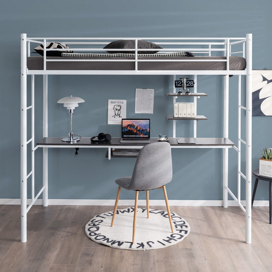 The high sleeper bed set up in a bedroom with a grey chair and a circular rug on the floor