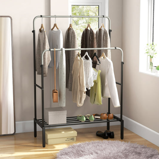 The coat rack with clothes and shoes displayed in a room setting