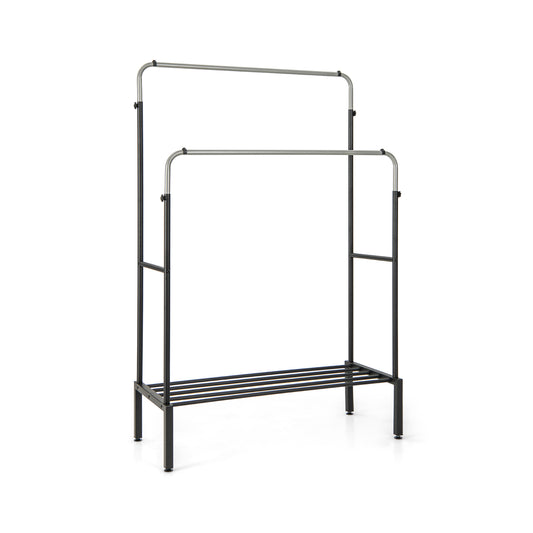 Metal Clothes Stand Rack with two rods and a shoe shelf in silver