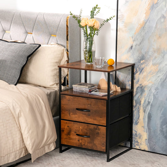 The storage cabinet used as a bedside table next to a bed with a vase and glass on top
