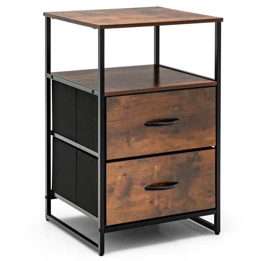 Metal Frame Storage Cabinet with two drawers and an open top shelf on a white background