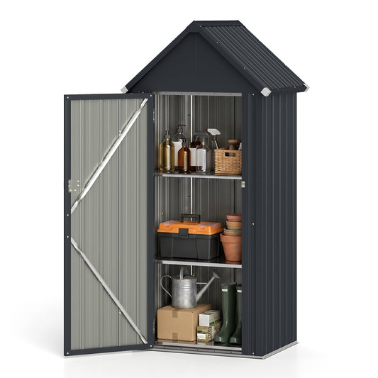 Metal Garden Tool Shed with 3 Adjustable Shelves showing the inside with items stored on shelves