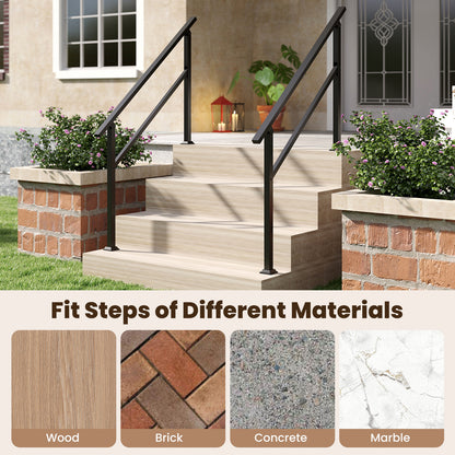 The outdoor stair handrail shown on different step materials like wood, brick, concrete and marble