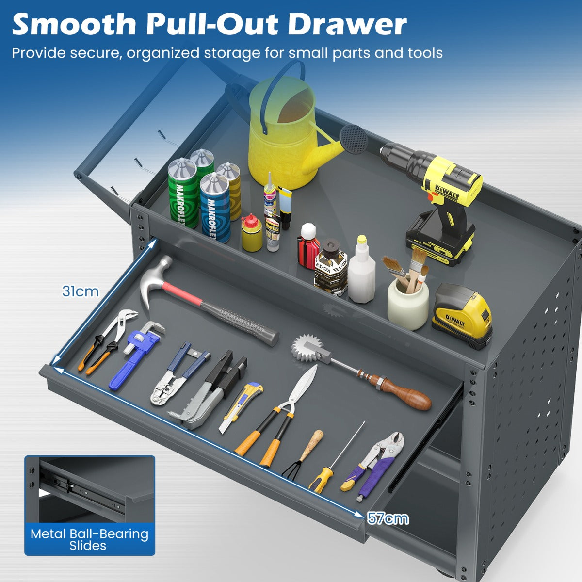 Smooth pull-out drawer on the grey tool organizer trolley