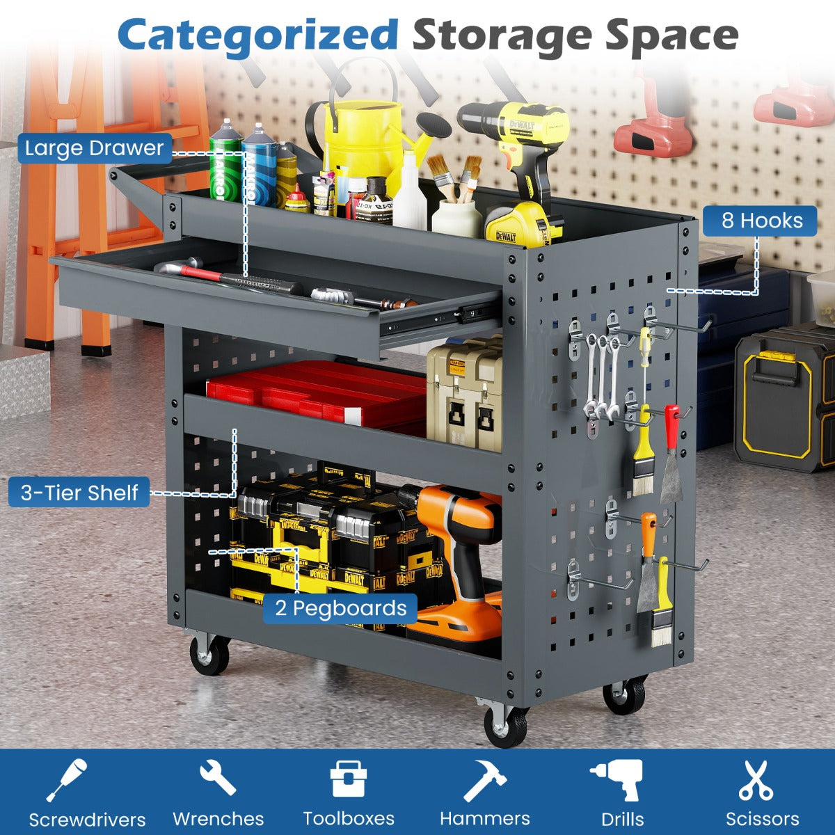 Categorised storage space on the grey tool organizer trolley