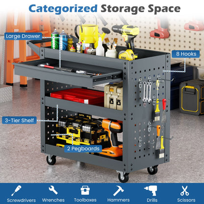 Categorised storage space on the grey tool organizer trolley