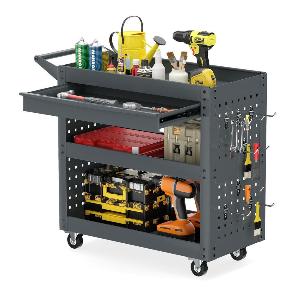 Close up of the grey tool organizer trolley with tools