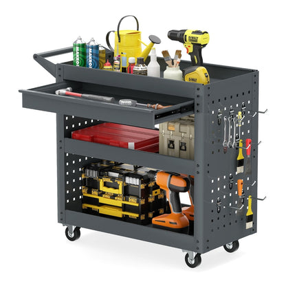Close up of the grey tool organizer trolley with tools